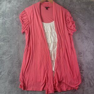 New Directions Womens Open Front Ruched Sleeve Cardigan Coral XL Layered Ruffle‎